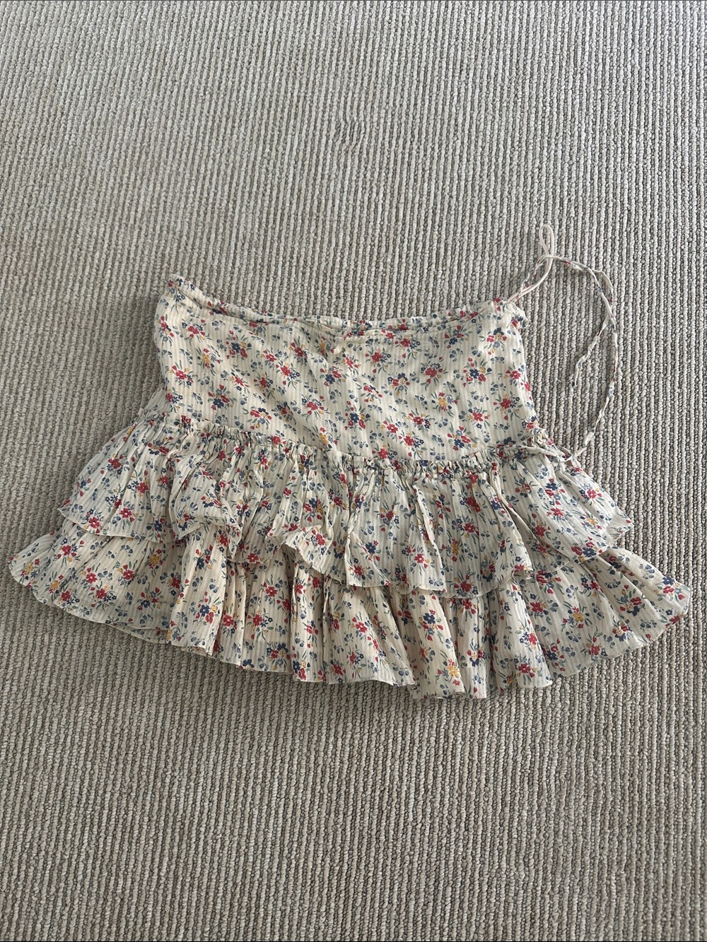 Floral Ruffled Skirt - Cream with Red & Blue Flowers